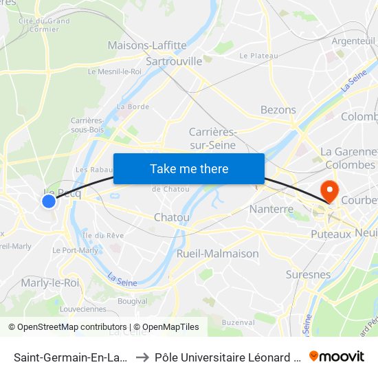 Saint-Germain-En-Laye RER to Pôle Universitaire Léonard de Vinci map