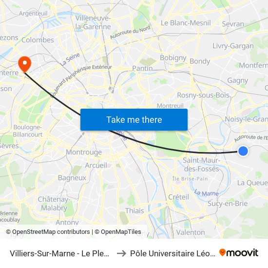 Villiers-Sur-Marne - Le Plessis-Trévise RER to Pôle Universitaire Léonard de Vinci map
