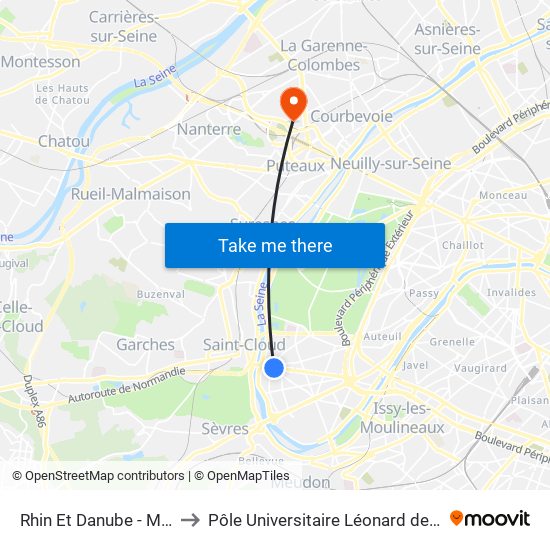 Rhin Et Danube - Métro to Pôle Universitaire Léonard de Vinci map