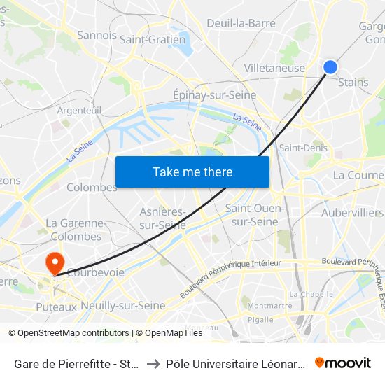 Gare de Pierrefitte - Stains RER to Pôle Universitaire Léonard de Vinci map
