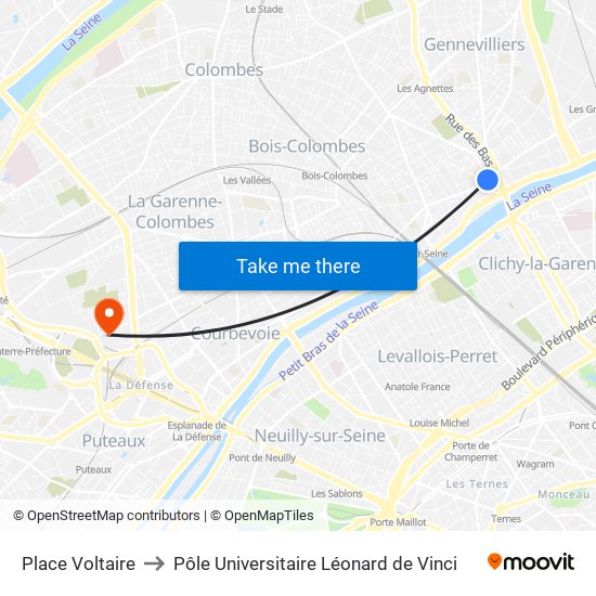 Place Voltaire to Pôle Universitaire Léonard de Vinci map