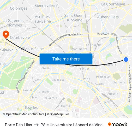 Porte Des Lilas to Pôle Universitaire Léonard de Vinci map