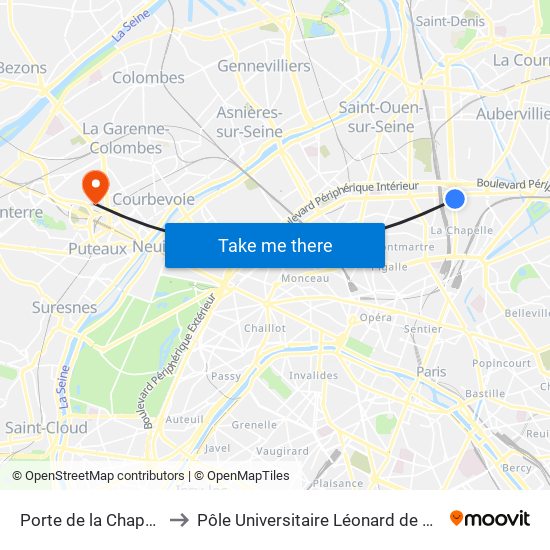 Porte de la Chapelle to Pôle Universitaire Léonard de Vinci map