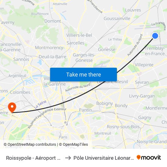 Roissypole - Aéroport Cdg1 (D1) to Pôle Universitaire Léonard de Vinci map