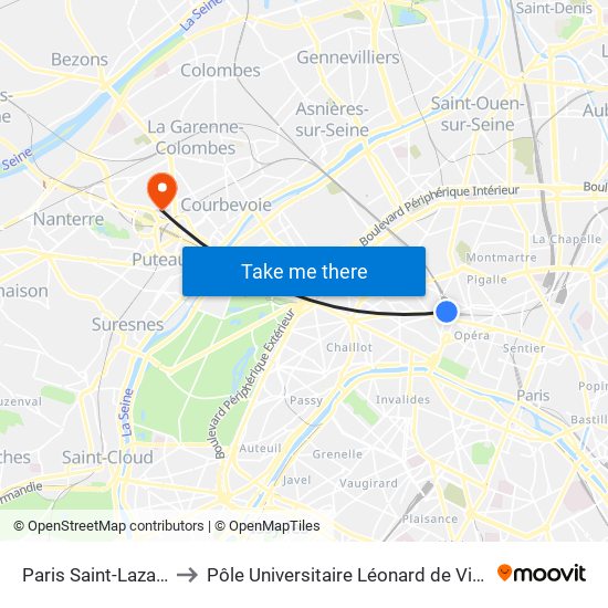 Paris Saint-Lazare to Pôle Universitaire Léonard de Vinci map