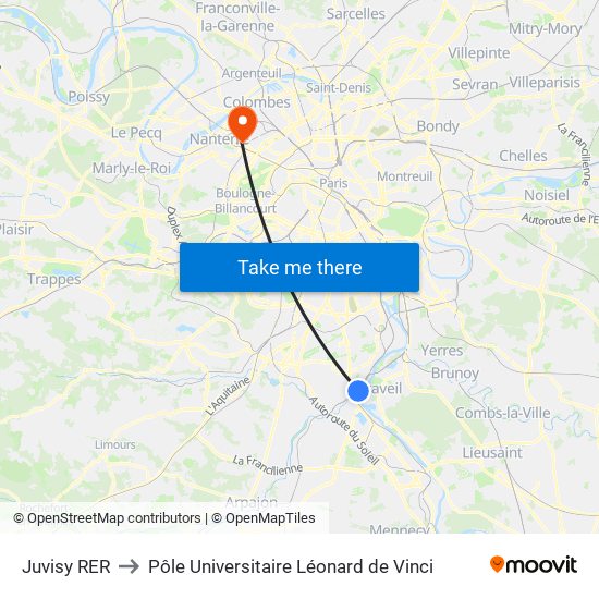 Juvisy RER to Pôle Universitaire Léonard de Vinci map