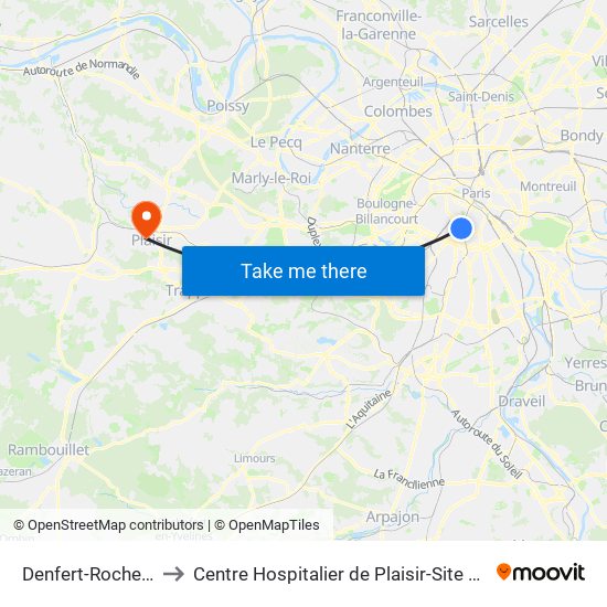 Denfert-Rochereau to Centre Hospitalier de Plaisir-Site Mansart map