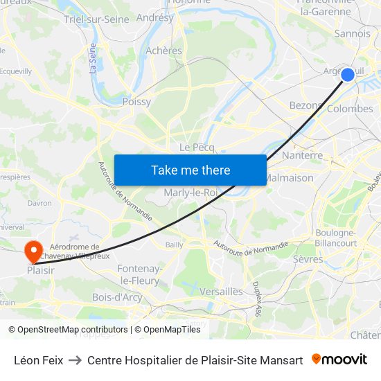 Léon Feix to Centre Hospitalier de Plaisir-Site Mansart map