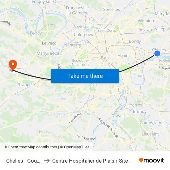 Chelles - Gournay to Centre Hospitalier de Plaisir-Site Mansart map