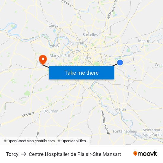Torcy to Centre Hospitalier de Plaisir-Site Mansart map
