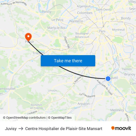 Juvisy to Centre Hospitalier de Plaisir-Site Mansart map