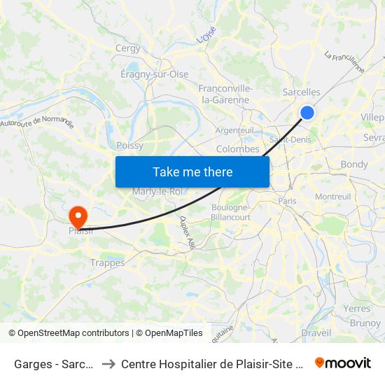 Garges - Sarcelles to Centre Hospitalier de Plaisir-Site Mansart map