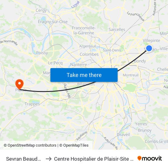 Sevran Beaudottes to Centre Hospitalier de Plaisir-Site Mansart map