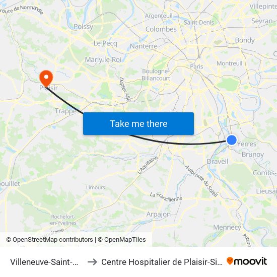 Villeneuve-Saint-Georges to Centre Hospitalier de Plaisir-Site Mansart map