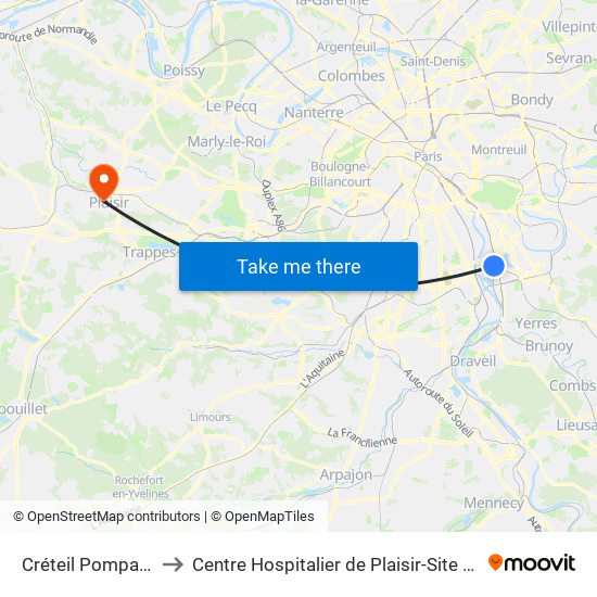 Créteil Pompadour to Centre Hospitalier de Plaisir-Site Mansart map
