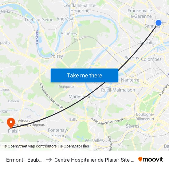 Ermont - Eaubonne to Centre Hospitalier de Plaisir-Site Mansart map