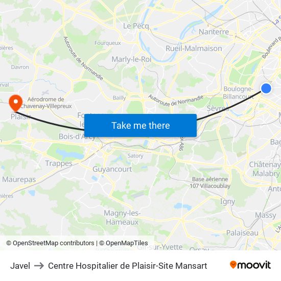 Javel to Centre Hospitalier de Plaisir-Site Mansart map