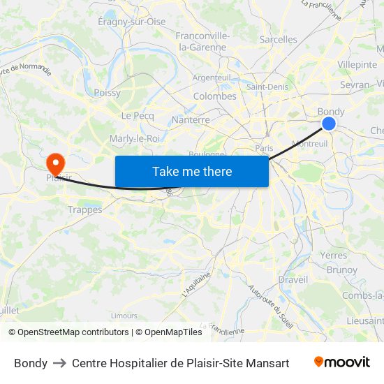 Bondy to Centre Hospitalier de Plaisir-Site Mansart map