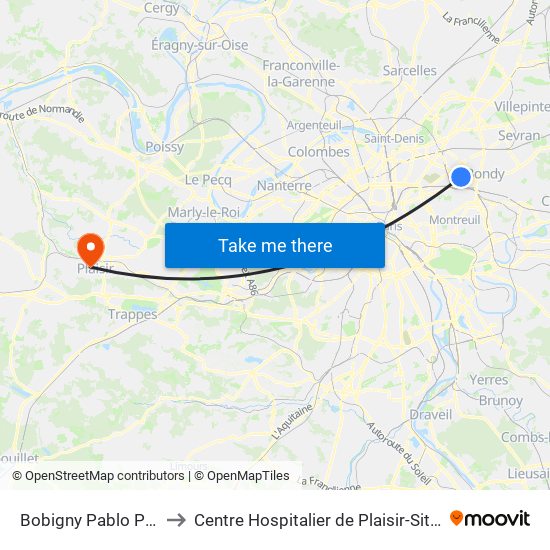 Bobigny Pablo Picasso to Centre Hospitalier de Plaisir-Site Mansart map