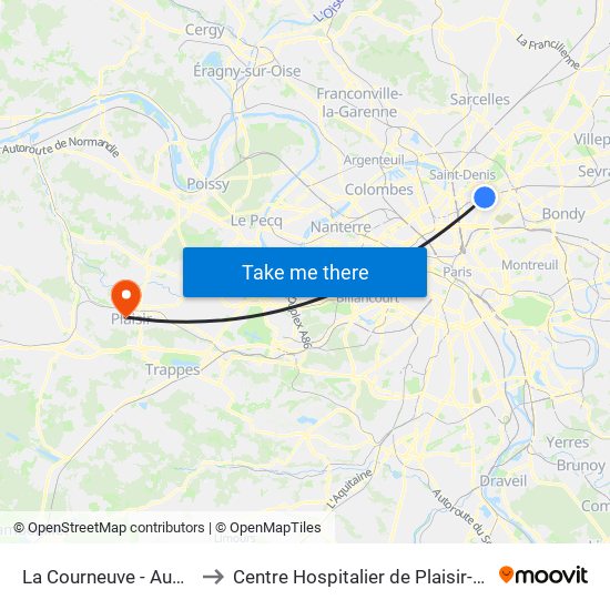 La Courneuve - Aubervilliers to Centre Hospitalier de Plaisir-Site Mansart map