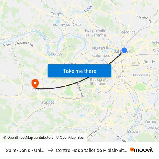 Saint-Denis - Université to Centre Hospitalier de Plaisir-Site Mansart map
