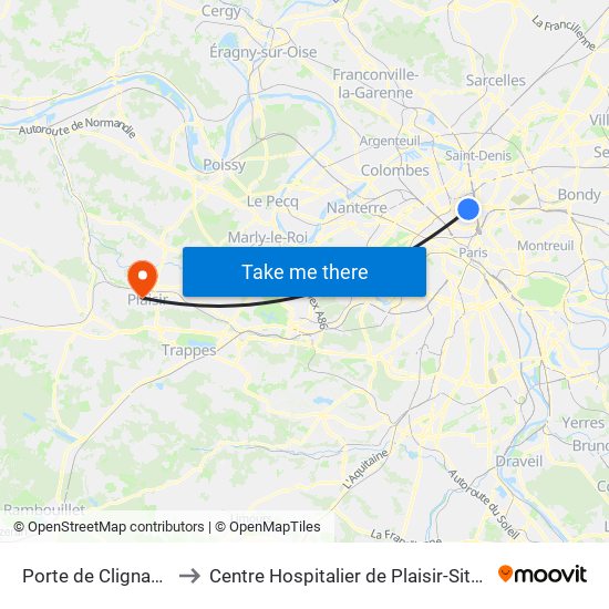 Porte de Clignancourt to Centre Hospitalier de Plaisir-Site Mansart map