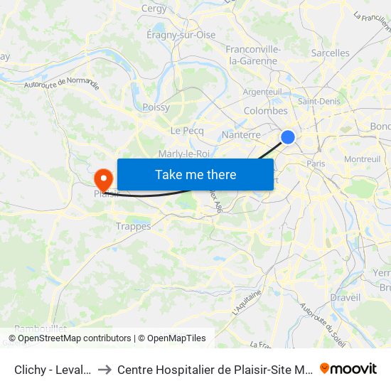 Clichy - Levallois to Centre Hospitalier de Plaisir-Site Mansart map