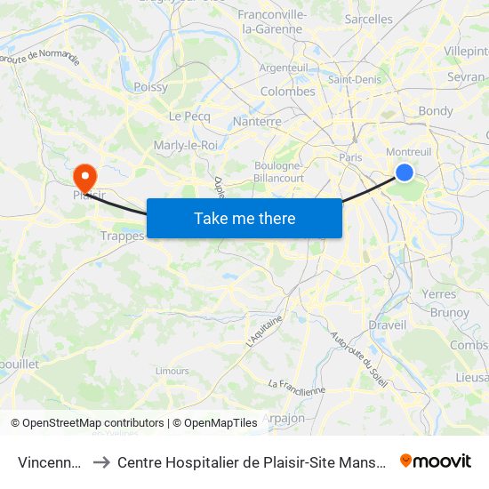 Vincennes to Centre Hospitalier de Plaisir-Site Mansart map