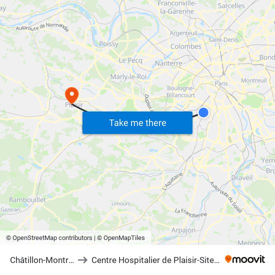 Châtillon-Montrouge to Centre Hospitalier de Plaisir-Site Mansart map
