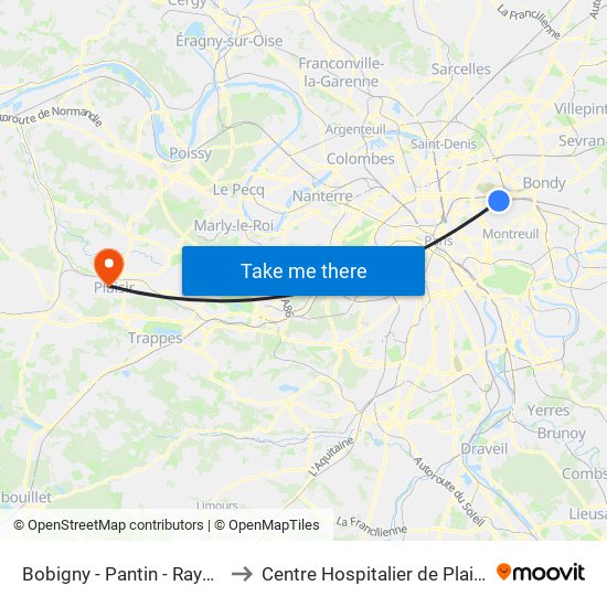 Bobigny - Pantin - Raymond Queneau to Centre Hospitalier de Plaisir-Site Mansart map