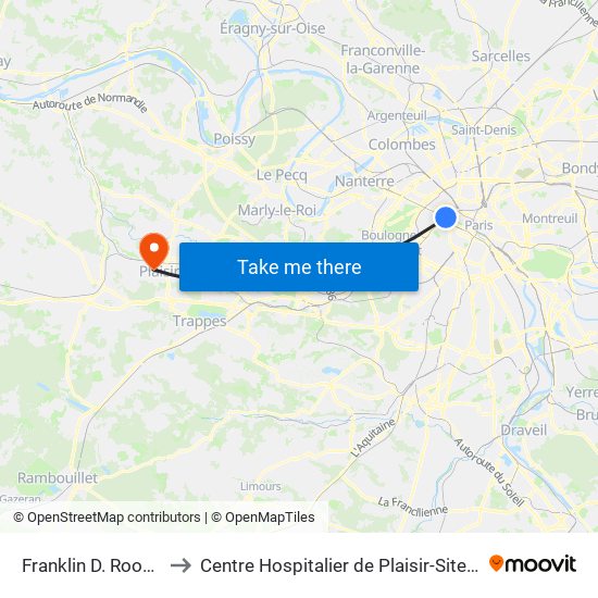 Franklin D. Roosevelt to Centre Hospitalier de Plaisir-Site Mansart map