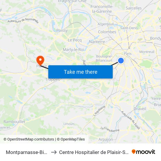 Montparnasse-Bienvenue to Centre Hospitalier de Plaisir-Site Mansart map