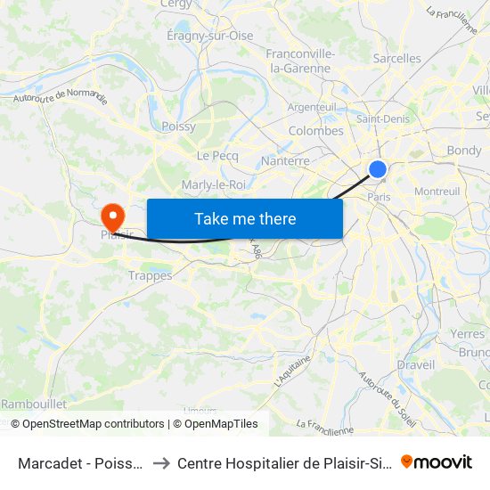 Marcadet - Poissonniers to Centre Hospitalier de Plaisir-Site Mansart map