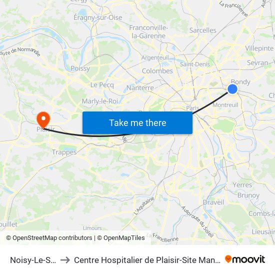 Noisy-Le-Sec to Centre Hospitalier de Plaisir-Site Mansart map