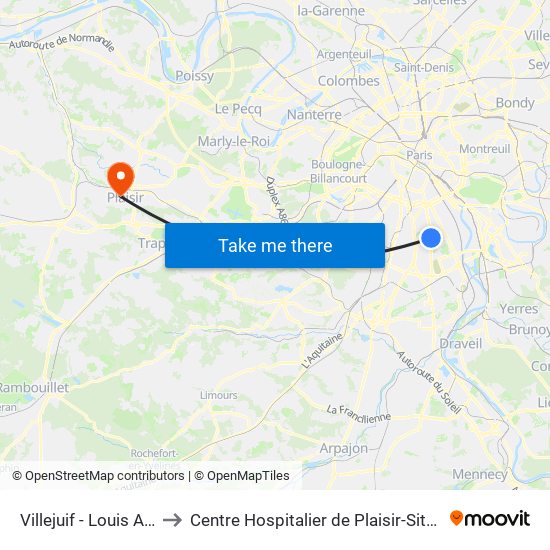 Villejuif - Louis Aragon to Centre Hospitalier de Plaisir-Site Mansart map