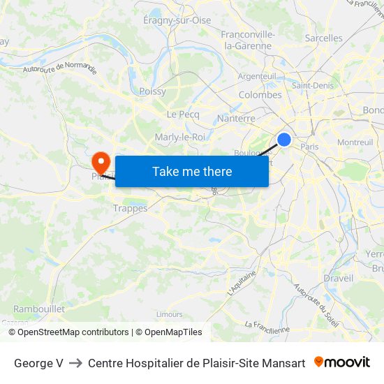 George V to Centre Hospitalier de Plaisir-Site Mansart map