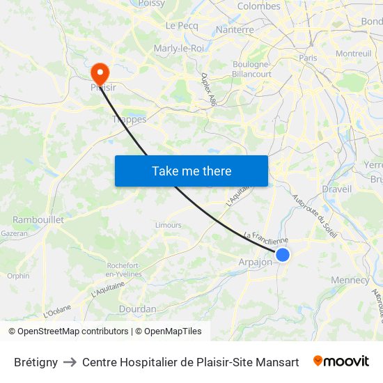 Brétigny to Centre Hospitalier de Plaisir-Site Mansart map