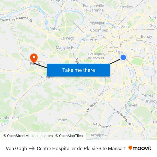 Van Gogh to Centre Hospitalier de Plaisir-Site Mansart map