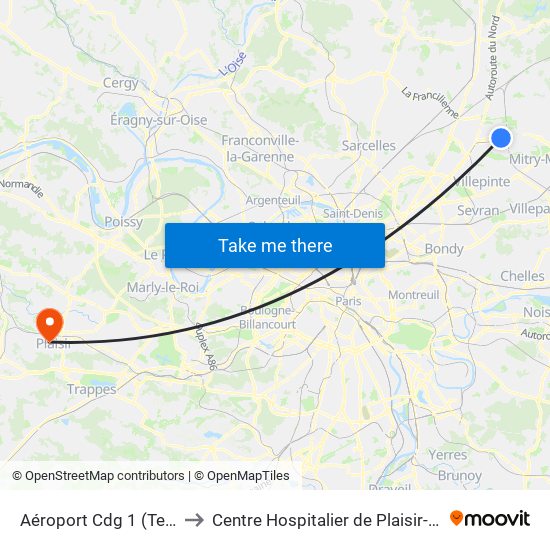 Aéroport Cdg 1 (Terminal 3) to Centre Hospitalier de Plaisir-Site Mansart map
