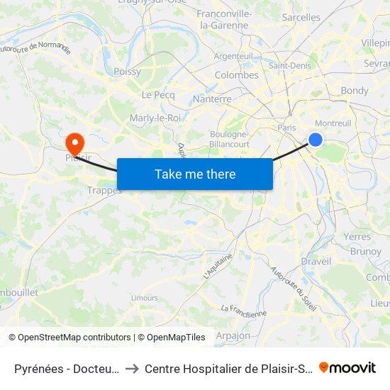 Pyrénées - Docteur Netter to Centre Hospitalier de Plaisir-Site Mansart map