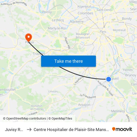 Juvisy RER to Centre Hospitalier de Plaisir-Site Mansart map