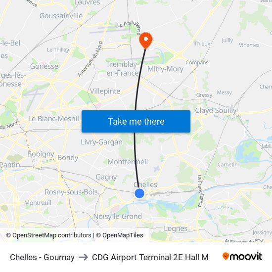 Chelles - Gournay to CDG Airport Terminal 2E Hall M map