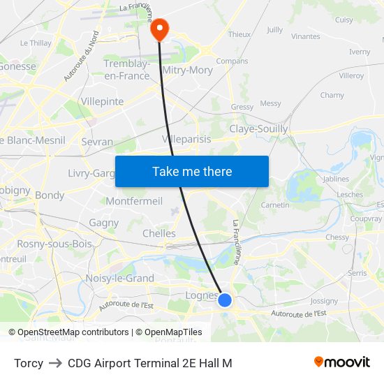 Torcy to CDG Airport Terminal 2E Hall M map