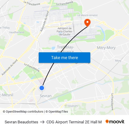 Sevran Beaudottes to CDG Airport Terminal 2E Hall M map