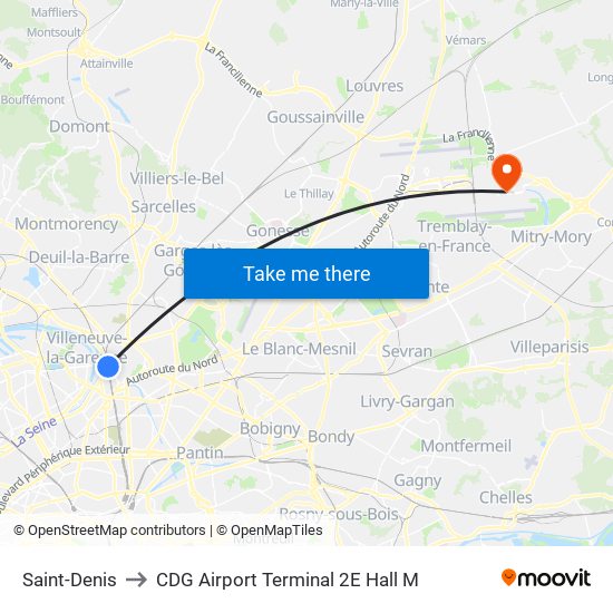 Saint-Denis to CDG Airport Terminal 2E Hall M map