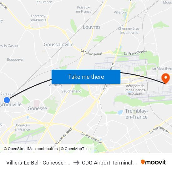 Villiers-Le-Bel - Gonesse - Arnouville to CDG Airport Terminal 2E Hall M map