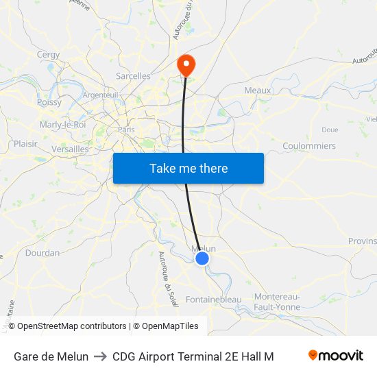 Gare de Melun to CDG Airport Terminal 2E Hall M map