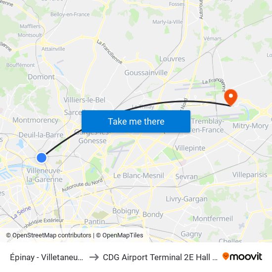Épinay - Villetaneuse to CDG Airport Terminal 2E Hall M map