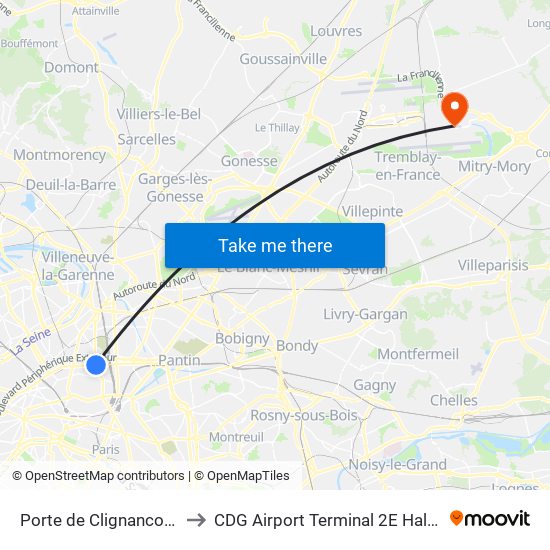 Porte de Clignancourt to CDG Airport Terminal 2E Hall M map