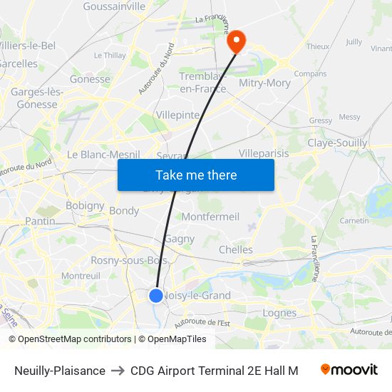 Neuilly-Plaisance to CDG Airport Terminal 2E Hall M map